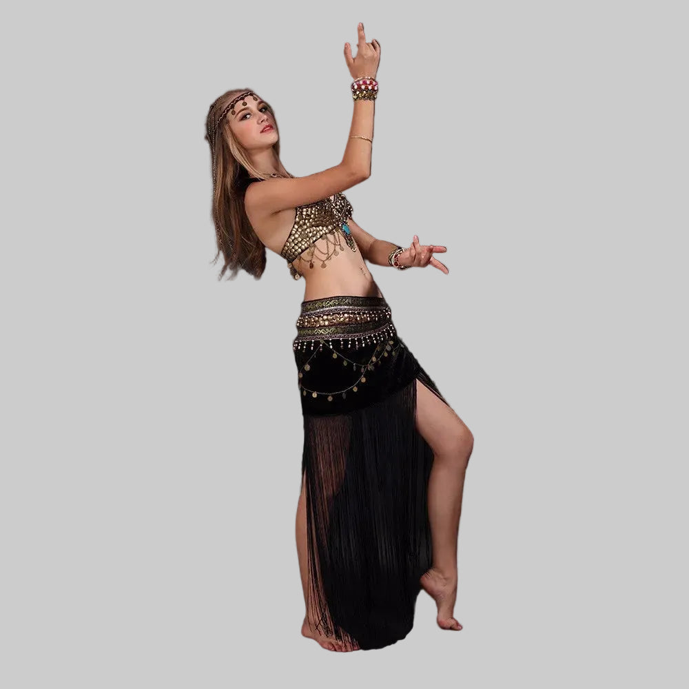 Tribal Belly Dance Costume Set - Coin Bra & Hip Scarf with Masquerade Emblem
