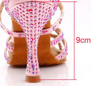 Rhinestone Satin Latin Dance Heels | Open Toe | Pink & Silver