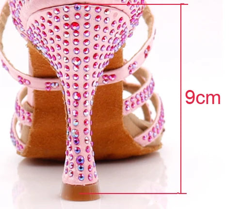 Rhinestone Satin Latin Dance Heels | Open Toe | Pink & Silver