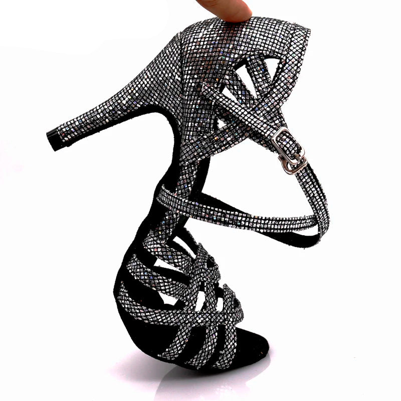 Rhinestone Latin Dance Sandals | Thin Heel | 6–10cm | Black, Silver & Gold