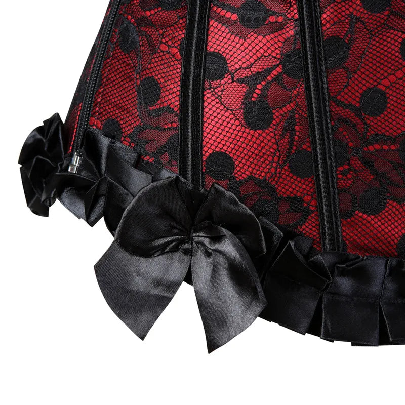 Floral Lace-Up Overbust Corset | Burlesque Set | Red & Champagne