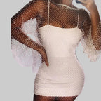 Rhinestone Fishnet Mini Dress - Long Sleeve Sheer Party Dress