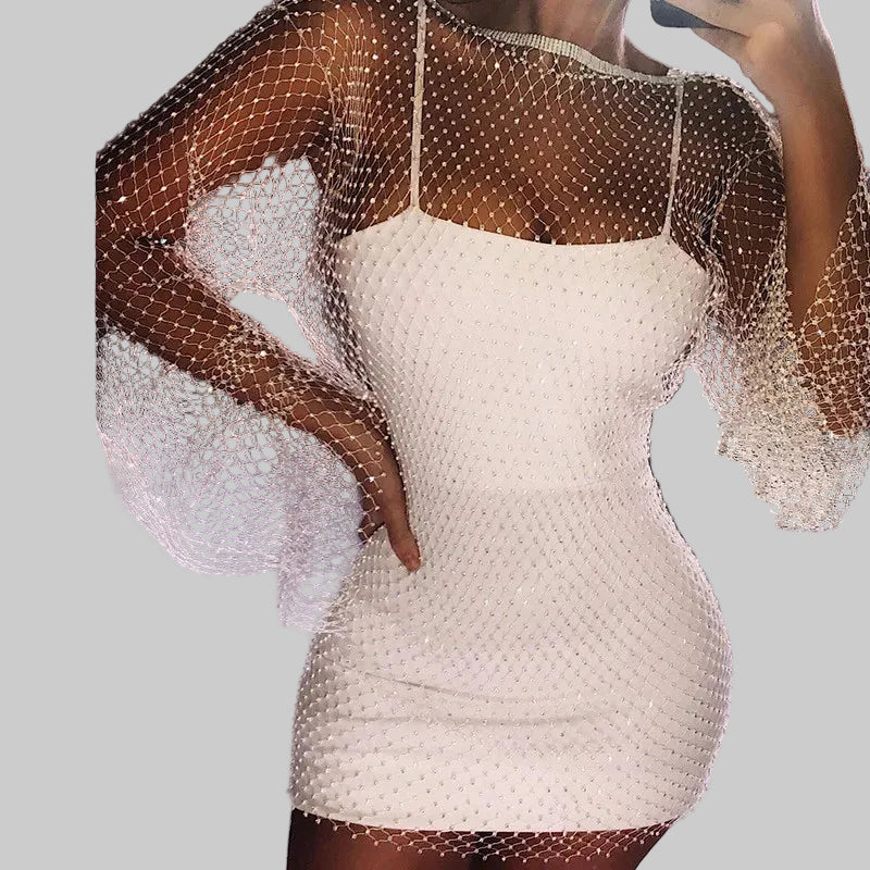 Rhinestone Fishnet Mini Dress - Long Sleeve Sheer Party Dress