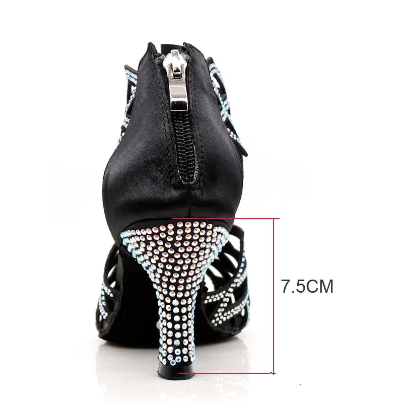 Rhinestone Cut-Out Latin Dance Sandals | Thin Heel | 6–10cm | Black & Blue
