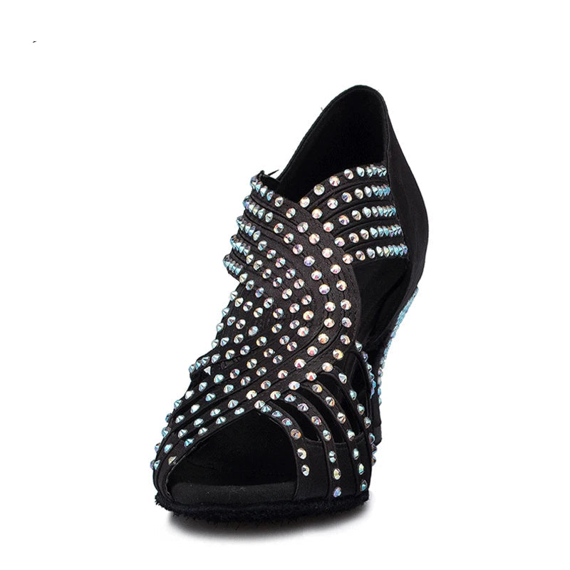 Rhinestone Latin Dance Sandal | Black Satin | 5–10cm Heel