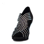 Rhinestone Latin Dance Sandal | Black Satin | 5–10cm Heel