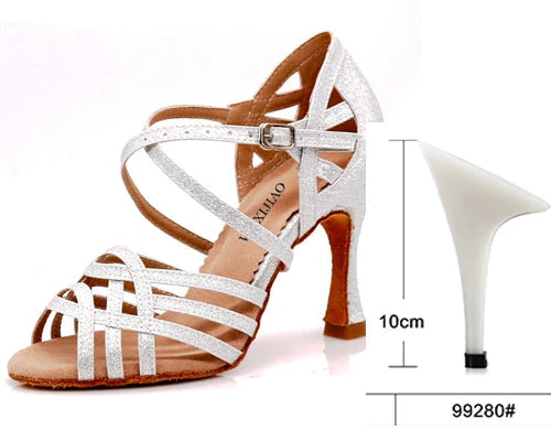 Rhinestone Latin Dance Sandals | Thin Heel | 6–10cm | Black, Silver & Gold