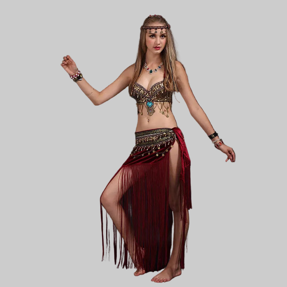 Tribal Belly Dance Costume Set - Coin Bra & Hip Scarf with Masquerade Emblem