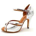 Open-Toe Latin Dance Sandals | Metallic Silver | Multi-Heel