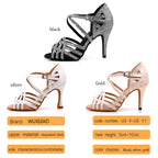 Rhinestone Latin Dance Sandals | Thin Heel | 6–10cm | Black, Silver & Gold