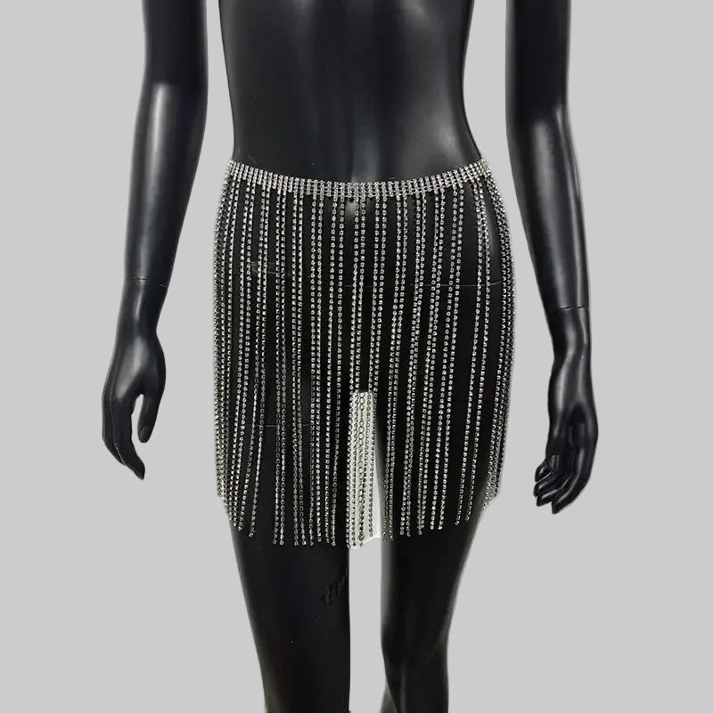 Rhinestone Tassel Fringe Skirt - Crystal Diamond Beach Cover-Up Mini Skirt