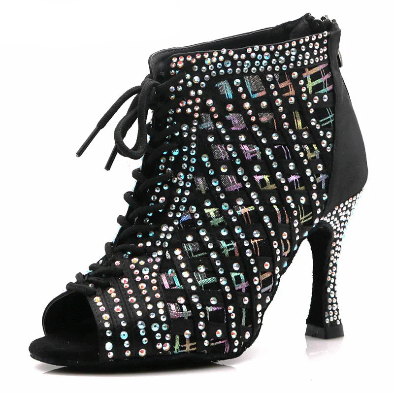 Rhinestone Mesh Dance Boot | Lace-Up | Multi-Heel
