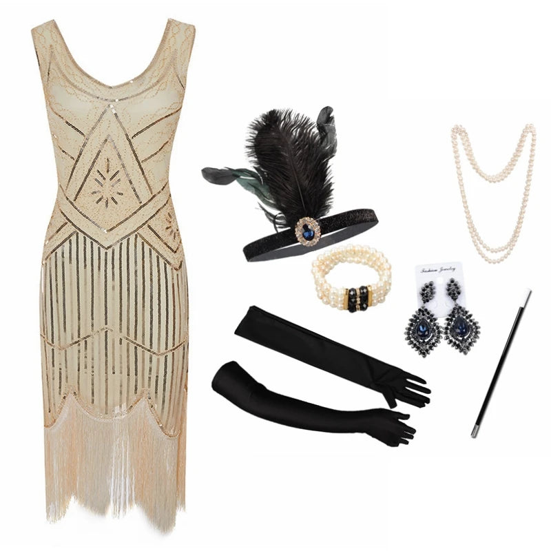 1920s Gatsby Flapper Dress & Accessory Set | Sequin Fringe | Plus Size XS–4XL