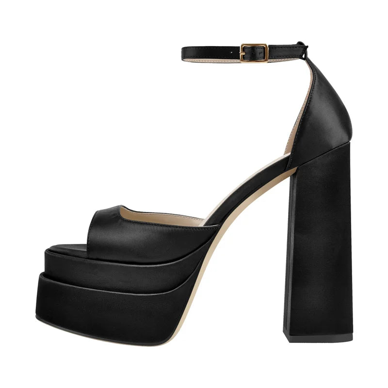 Satin Platform Sandals | Buckle Strap | 14cm Square Heel | Sizes US 5–15