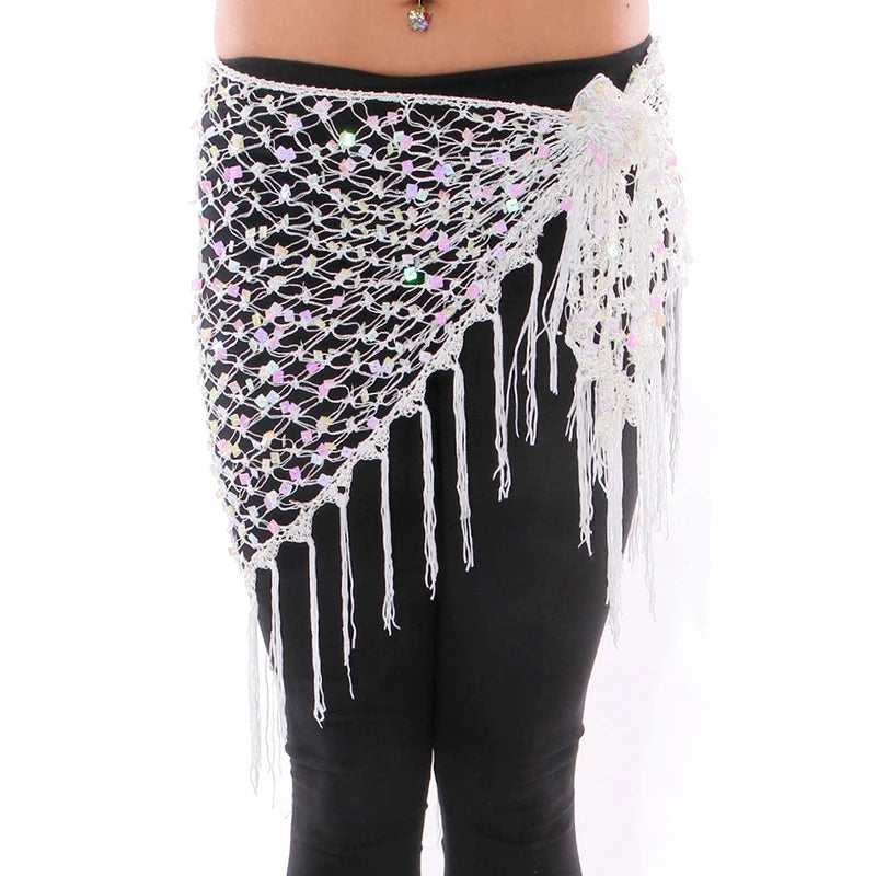 Sequin Belly Dance Hip Scarf - Shimmering Crochet Tassel Belt for Performance