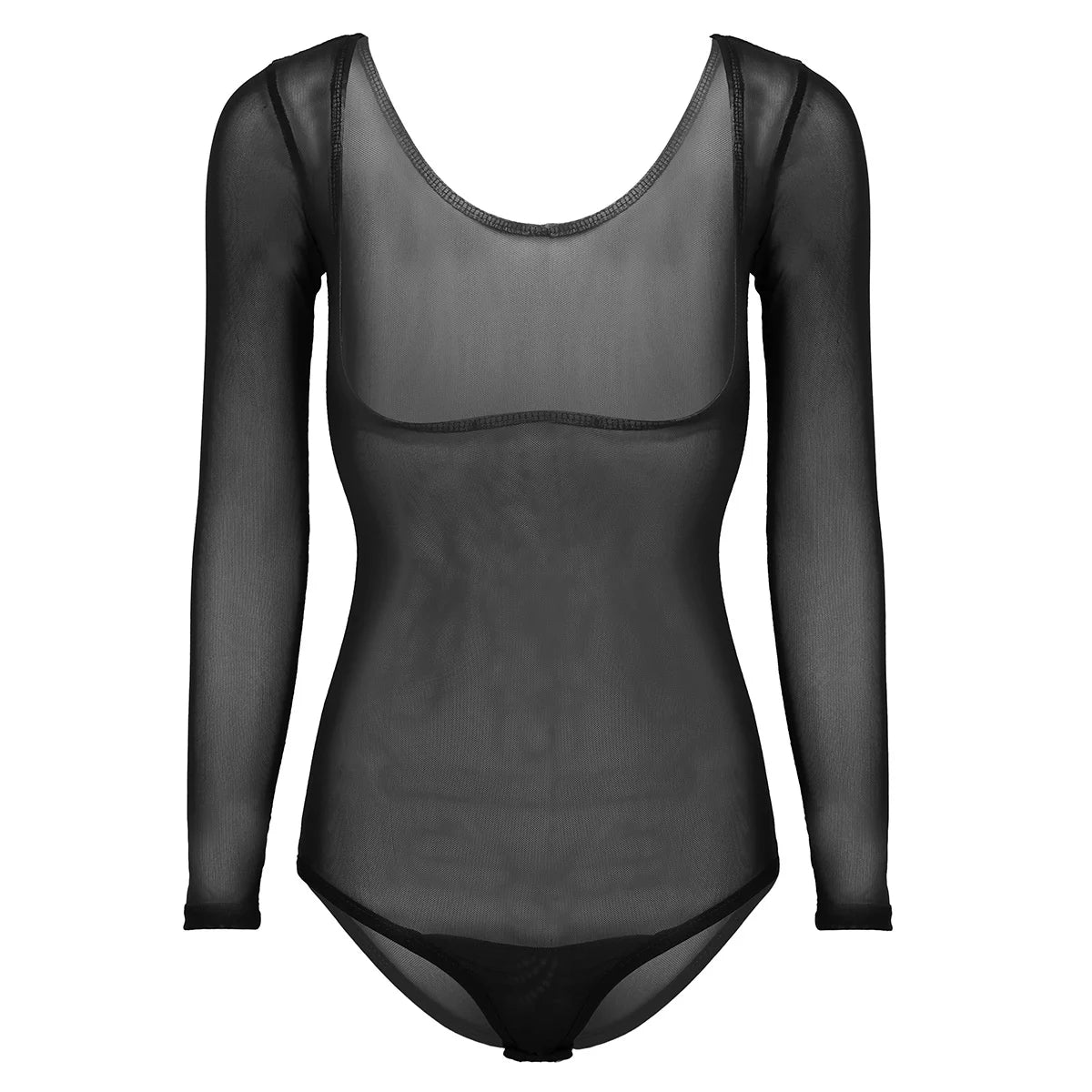 Women's Sheer Mesh Long-Sleeve Bodysuit | Open Bust & Snap Crotch | Dance & Performance Underlayer