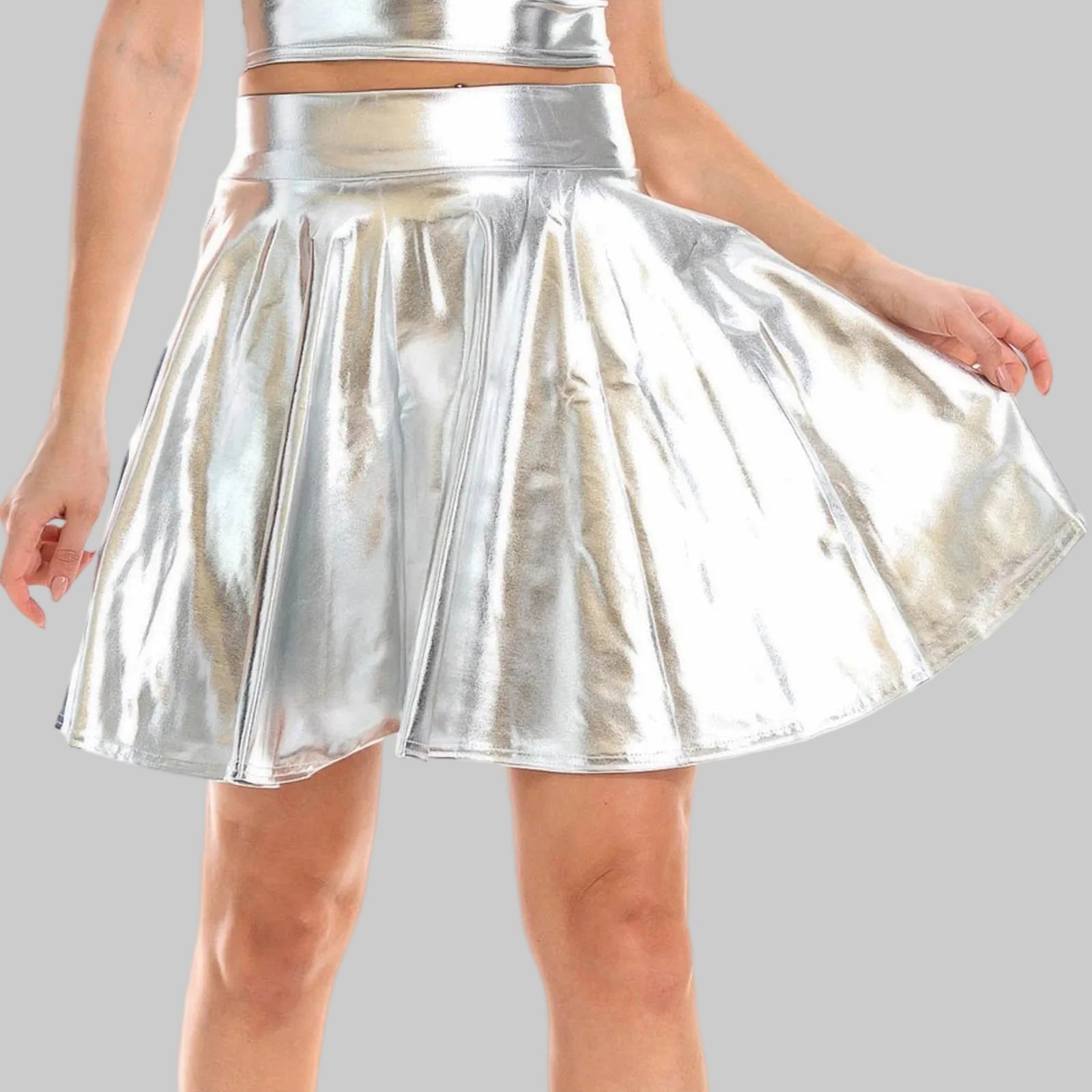 Metallic High Waist Flare Skirt - Glossy Performance Mini Skirt
