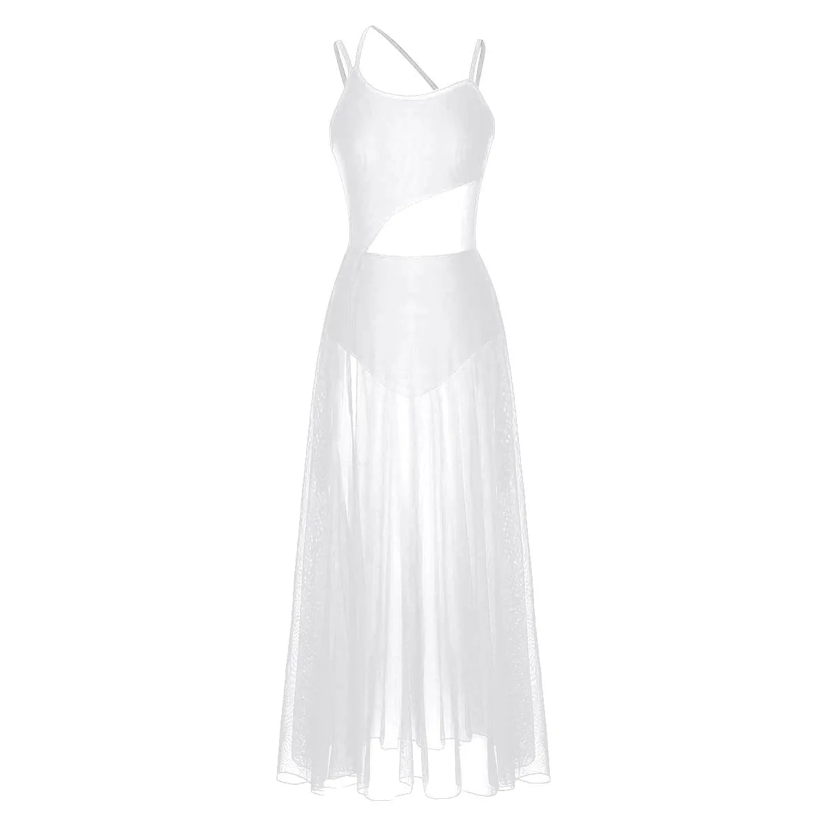 Women's Spaghetti Strap Lyrical Dance Dress | Built-In Leotard & Sheer Mesh Maxi Skirt | Front Slit