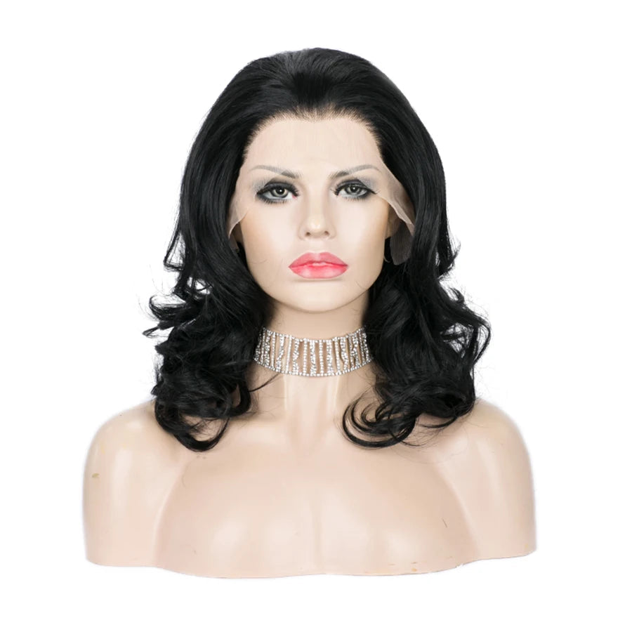 Black Lace Front Wig | Short Wavy Synthetic | 16 Inches