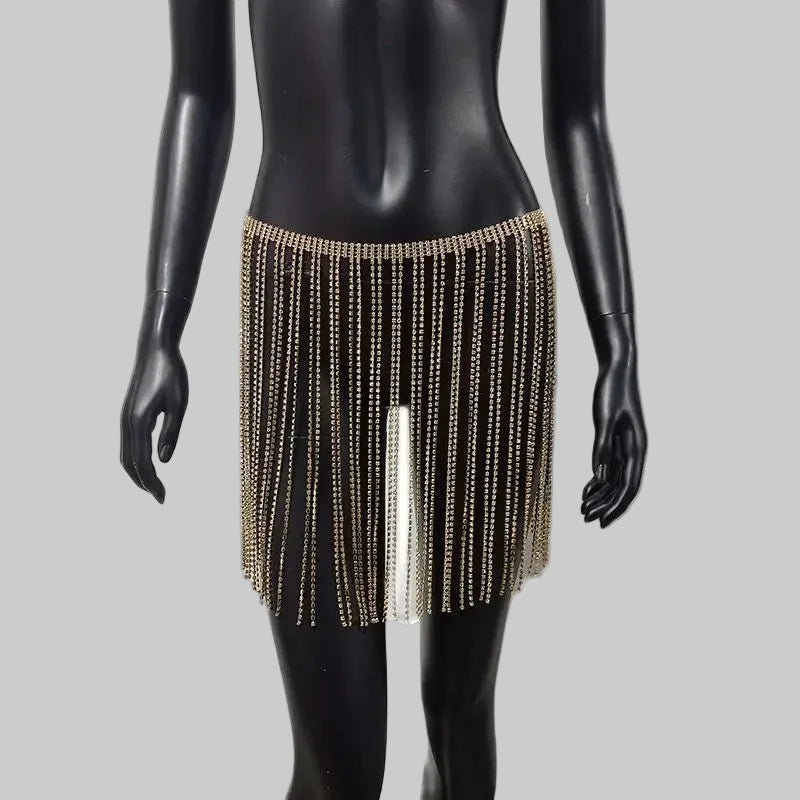 Rhinestone Tassel Fringe Skirt - Crystal Diamond Beach Cover-Up Mini Skirt