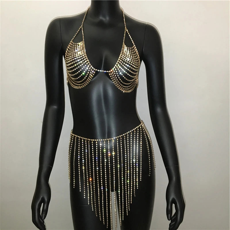 Crystal Body Chain Halter Top & Tassel Skirt Set