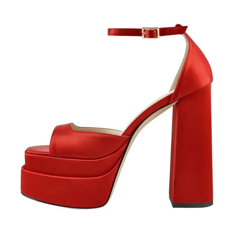 Satin Platform Sandals | Buckle Strap | 14cm Square Heel | Sizes US 5–15