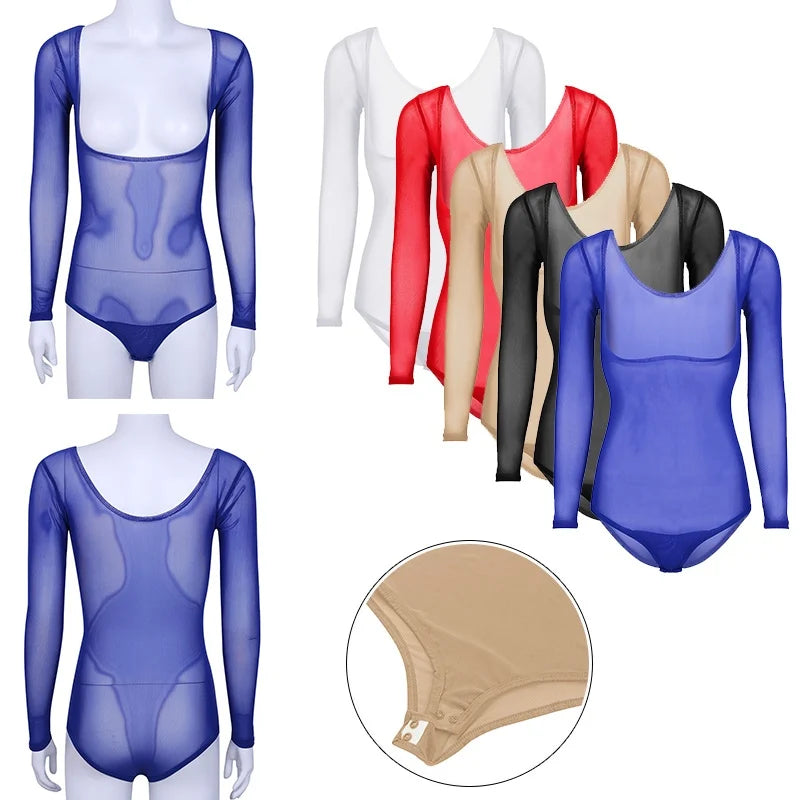 Women's Sheer Mesh Long-Sleeve Bodysuit | Open Bust & Snap Crotch | Dance & Performance Underlayer