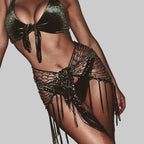 Fishnet Patchwork Mini Skirt with Tassel - Diamante Bandage
