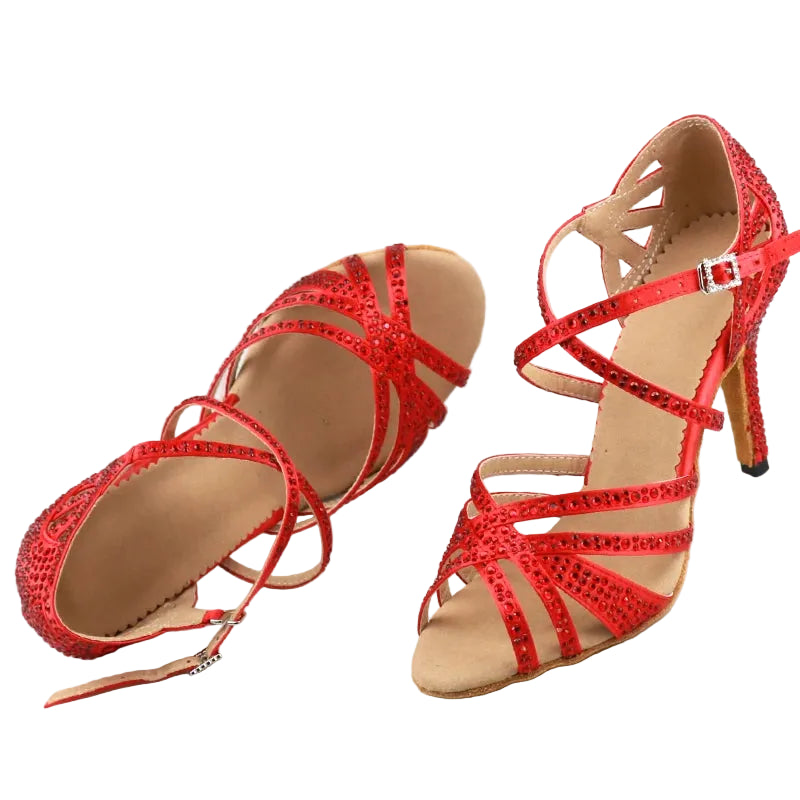 Red Rhinestone Latin Dance Heels | Satin | 6–10cm