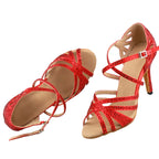Red Rhinestone Latin Dance Heels | Satin | 6–10cm