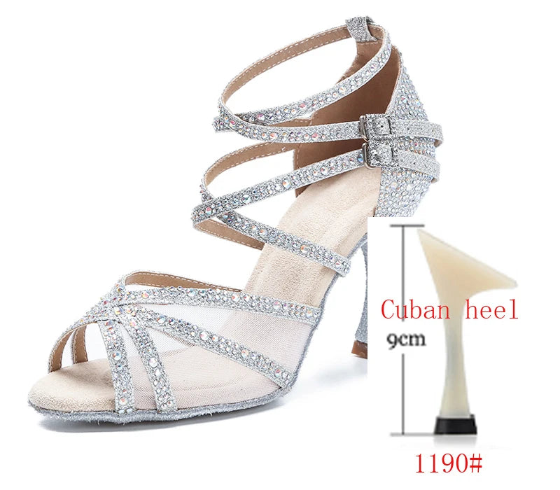 Silver Rhinestone Strappy Latin Heels | Satin | 6–10cm Stiletto