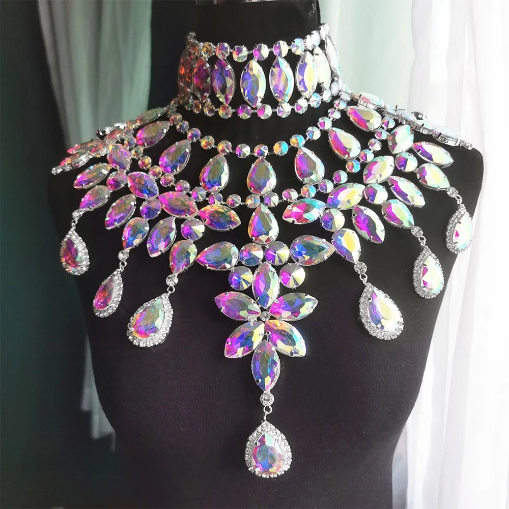 Crystal Rhinestone Statement Necklace & Choker Set | Drag & Stage | 7 Colors