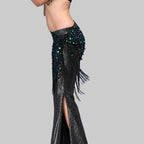 Sequin Belly Dance Hip Scarf - Shimmering Crochet Tassel Belt for Performance