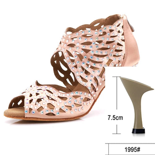 Rhinestone Latin Dance Heels | Cutout Satin | Multi-Height