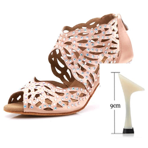 Rhinestone Latin Dance Heels | Cutout Satin | Multi-Height