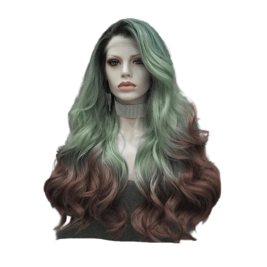 Green to Reddish Brown Ombre Lace Front Wig | 24 Inch | Natural Wavy