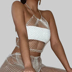 Bling Rhinestone Fishnet Crop Top - Adjustable Bandage Sheer Tank