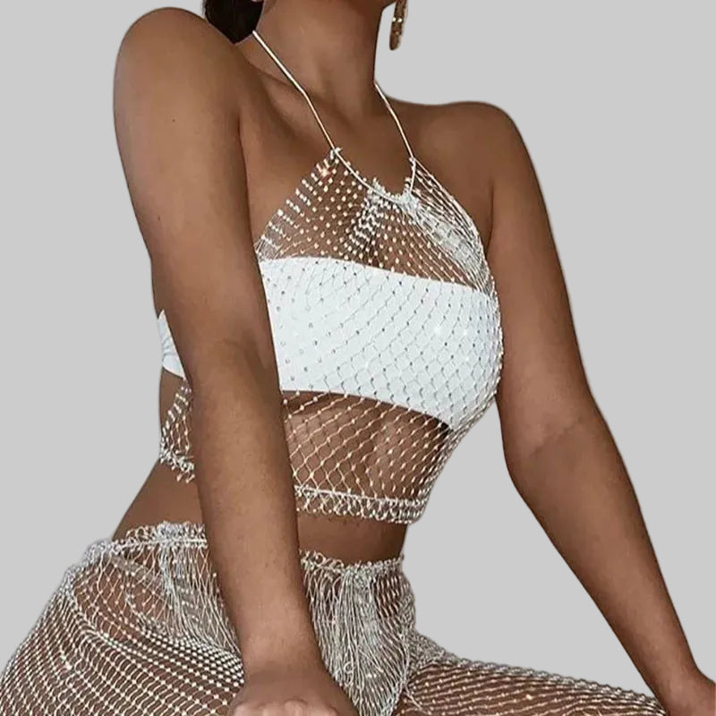 Bling Rhinestone Fishnet Crop Top - Adjustable Bandage Sheer Tank