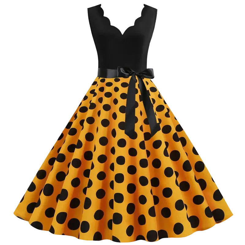 1950s Polka Dot Swing Dress | V-Neck | Bow Sash | 15 Colors