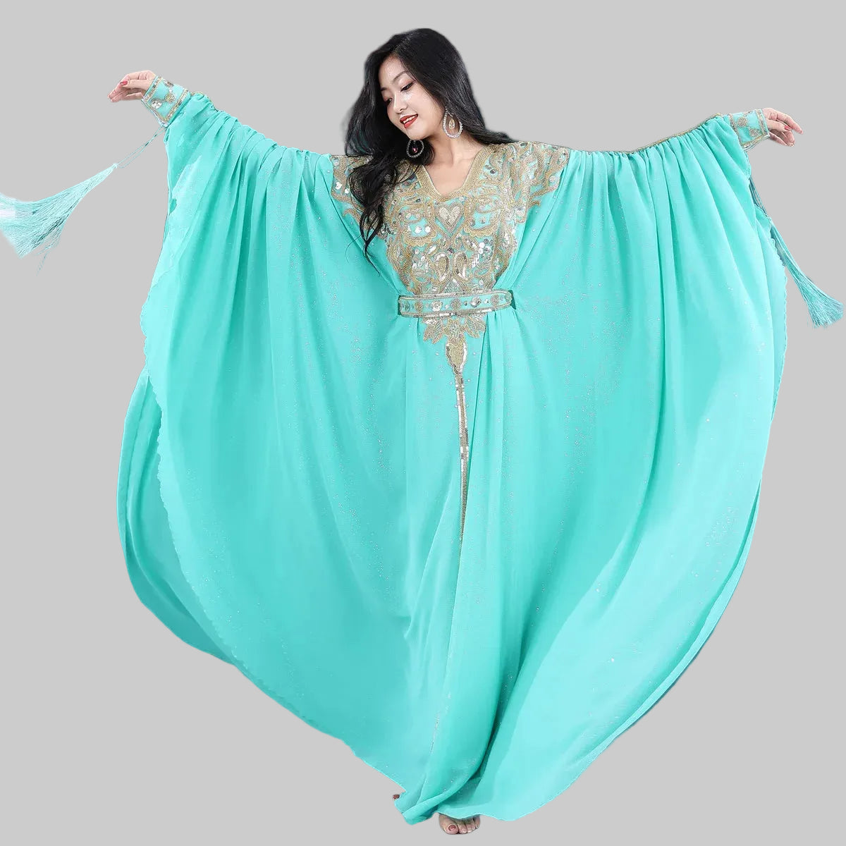 Khaleeji Thobe Belly Dance Costume - Embroidered Sequin Kaftan with Belt