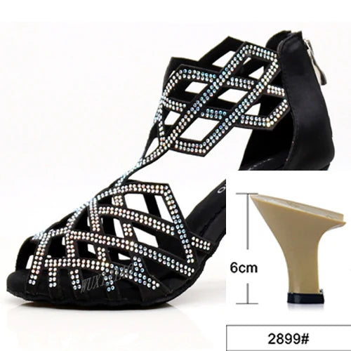 Rhinestone Cut-Out Latin Dance Sandals | Thin Heel | 6–10cm | Black & Blue