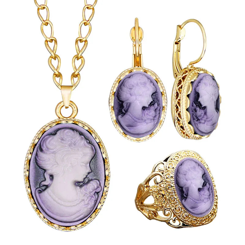Cameo Jewelry Set | Necklace, Earrings & Ring | 6 Colors