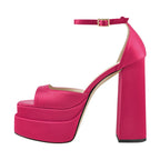 Satin Platform Sandals | Buckle Strap | 14cm Square Heel | Sizes US 5–15
