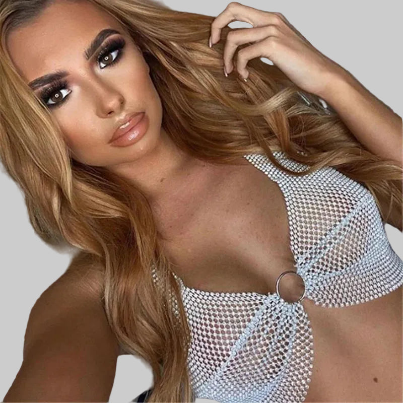 Crystal Fishnet Halter Crop Top - Metal Chain Push-Up Camisole for Stage