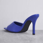 Pointed Peep-Toe Mule Heels | Slip-On | Blue & Brown