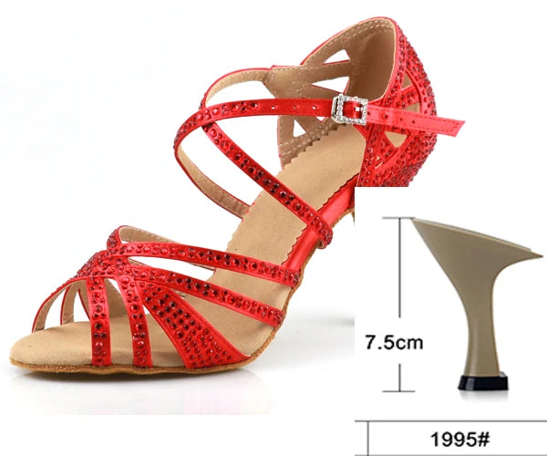 Red Rhinestone Latin Dance Heels | Satin | 6–10cm