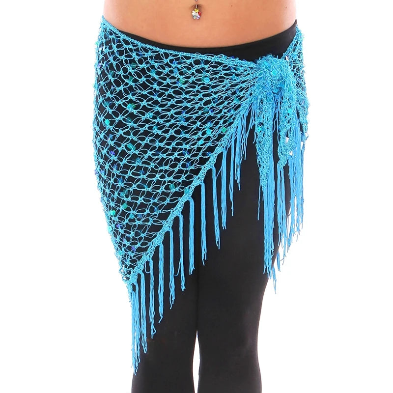 Sequin Belly Dance Hip Scarf - Shimmering Crochet Tassel Belt for Performance