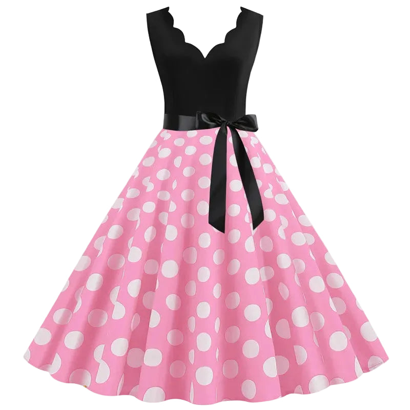 1950s Polka Dot Swing Dress | V-Neck | Bow Sash | 15 Colors