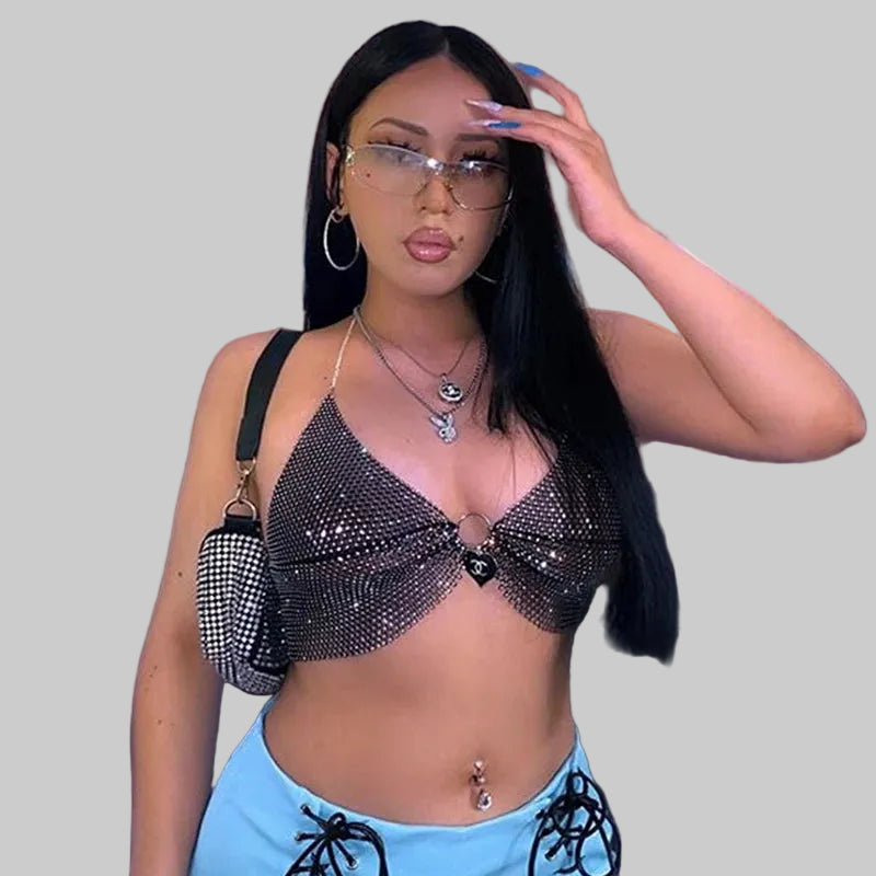 Crystal Fishnet Halter Crop Top - Metal Chain Push-Up Camisole for Stage