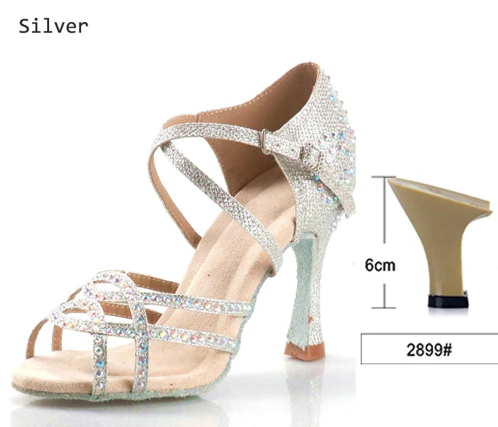 Women's Latin Dance Shoes | Satin Rhinestone | Multi Heel
